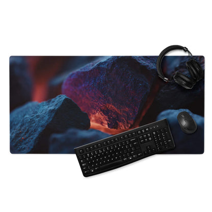 Dark blue neon glow large gaming mouse pad with volcanic rock theme