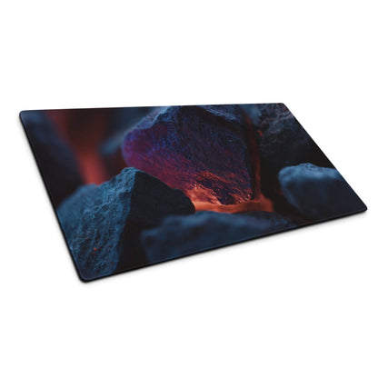 Dark blue neon glow gaming mouse pad with glowing embers design