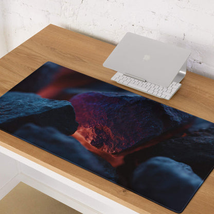 Dark blue neon glow gaming mousepad with molten lava on volcanic rock