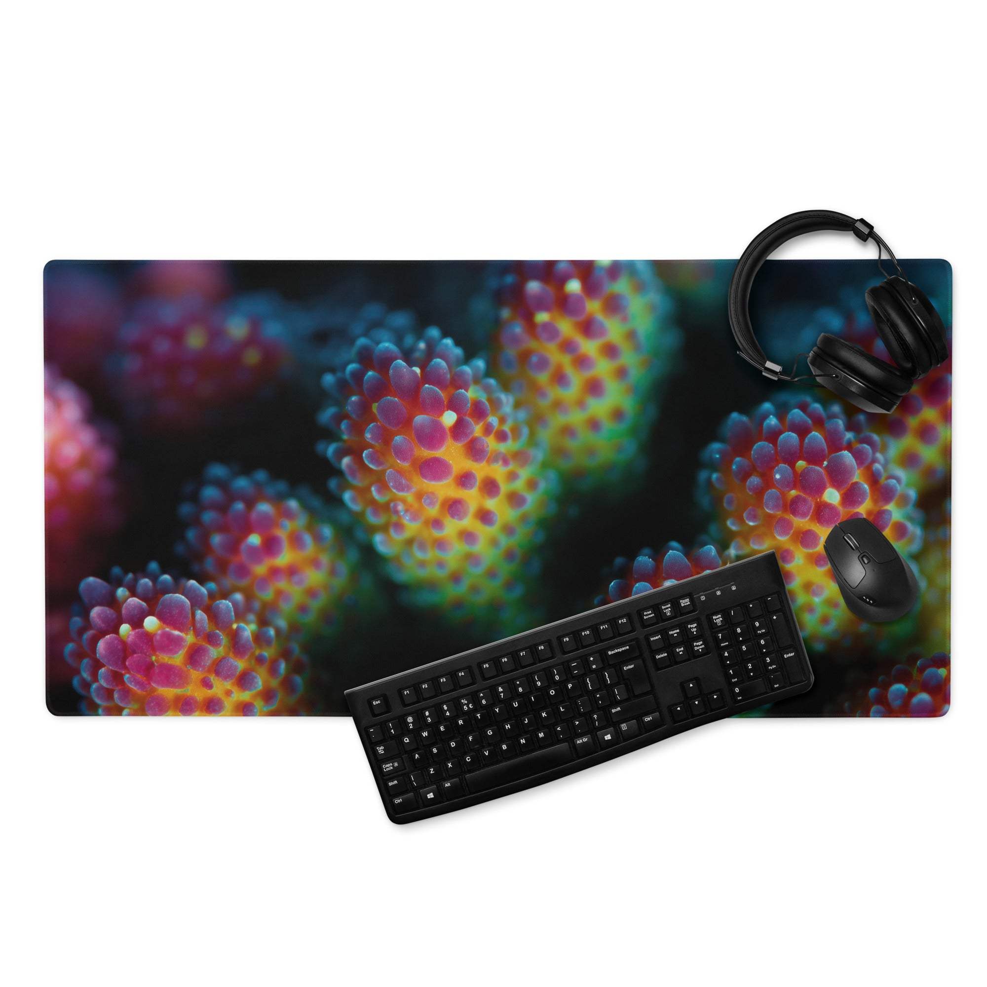 Vibrant coral reef gaming mouse pad with non-slip base and edge stitching