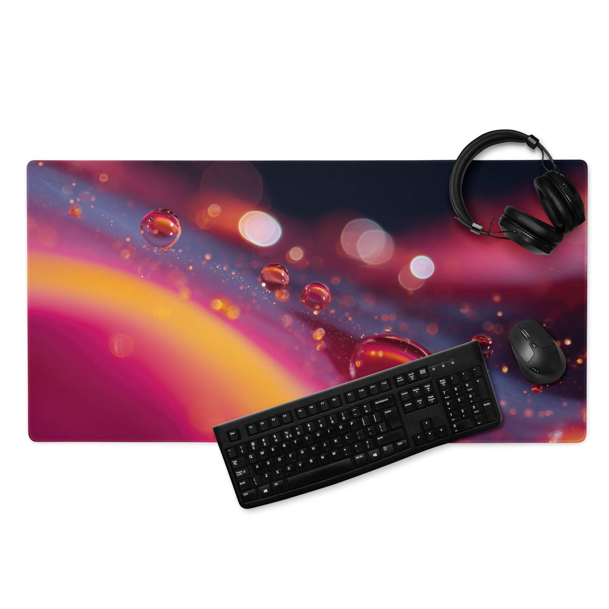 Vivid neon gradient gaming mousepad with cosmic droplets, pink to purple hues