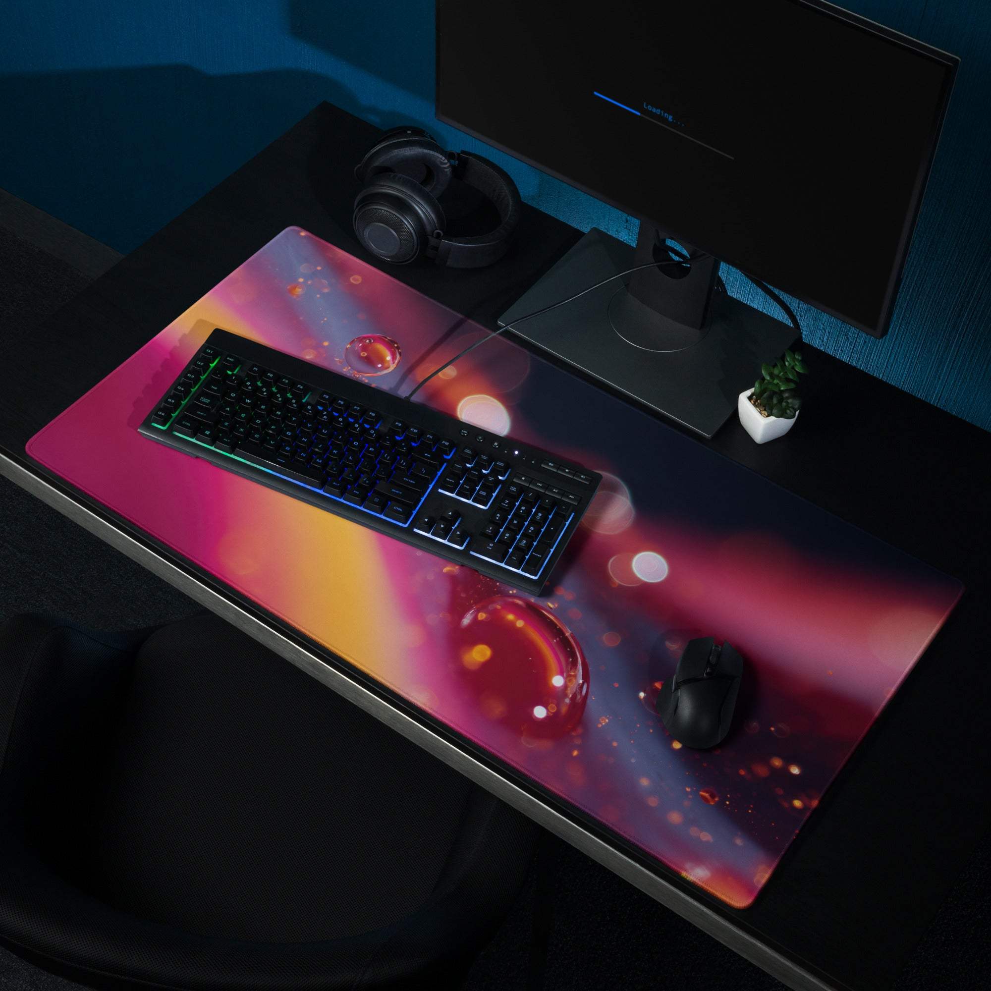 Vivid neon gradient gaming mouse pad with cosmic nebula design