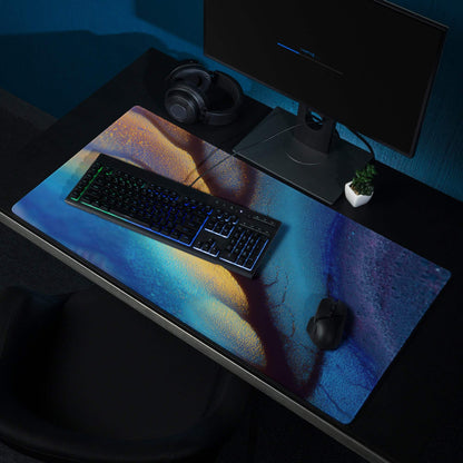 Premium abstract aurora iridescent ocean blue gold gaming mouse pad nebula design