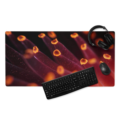 Vibrant red black microbe mousepad with purple orange glow, non-slip stitching for Dota CSGO gaming