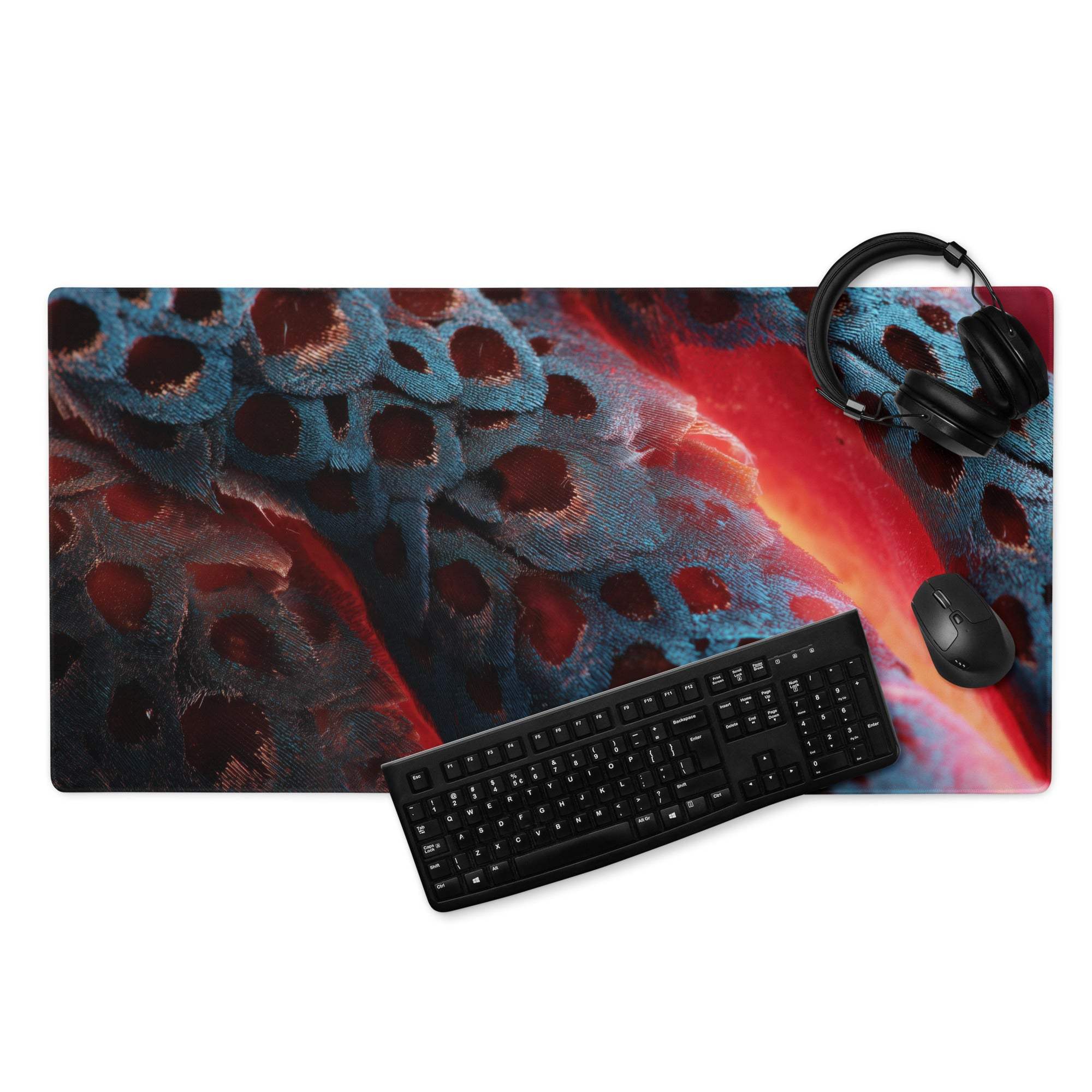 Bold abstract lava blue red gaming mouse pad with vibrant interlocking patterns