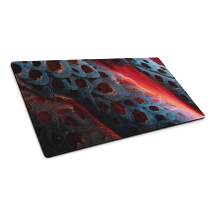 Bold abstract lava blue red gaming mouse pad on textured rectangular cutting board