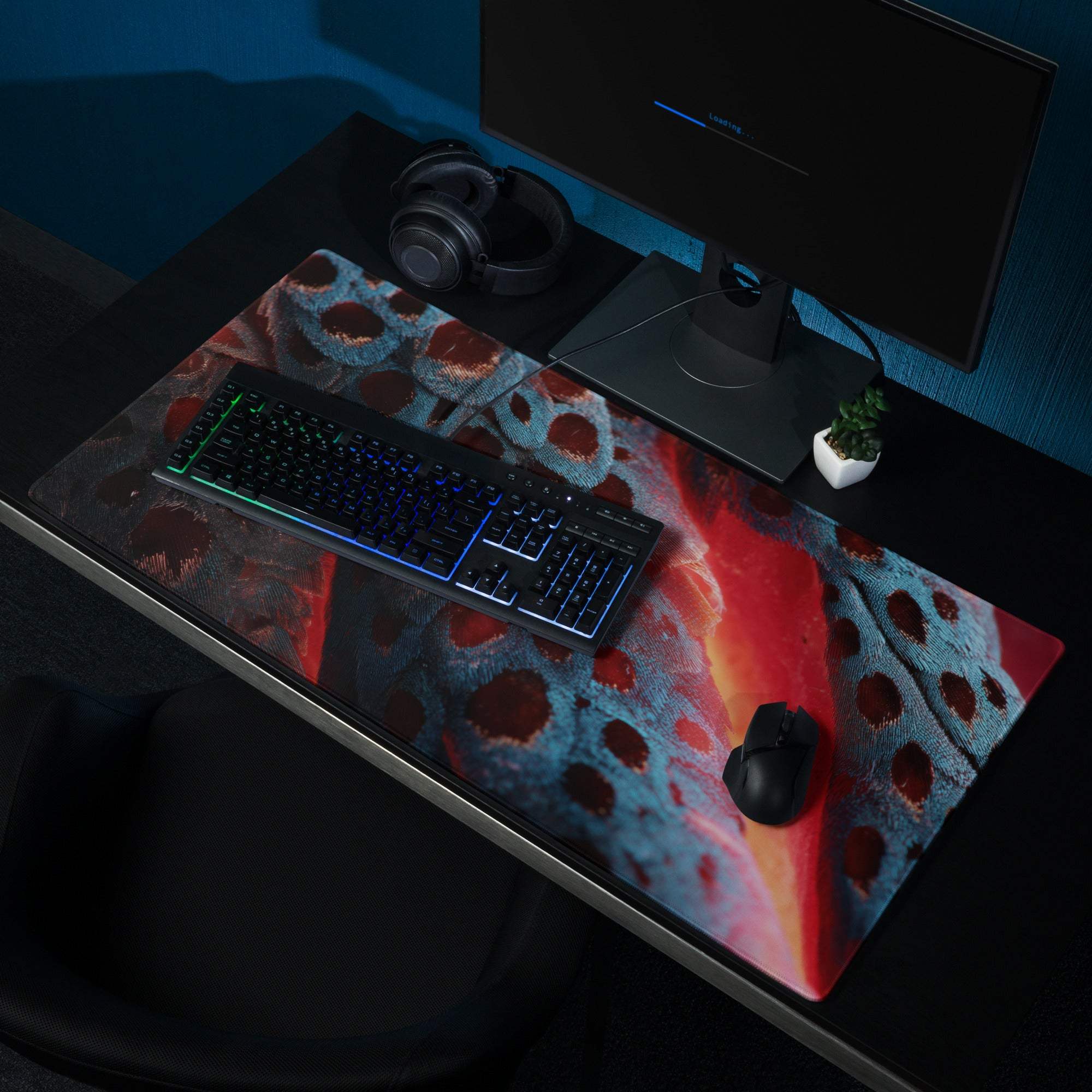 Vibrant red blue cosmic gaming mouse pad with lava patterns, non-slip base, stitched edges