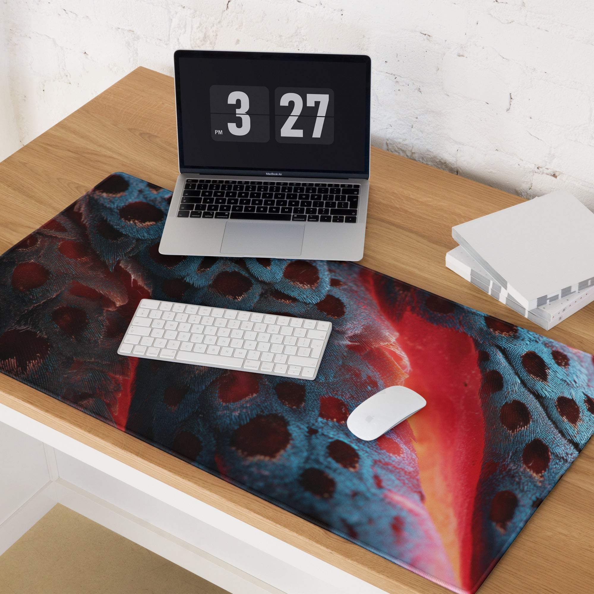 Bold abstract lava blue red gaming mouse pad with swirling patterns and non-slip base