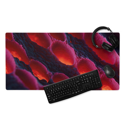 Large non-slip gaming mouse pad in vibrant lava red and purple hues with edge stitching