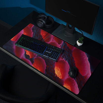Large non-slip gaming mouse pad with vibrant lava red nebula pattern and glossy finish