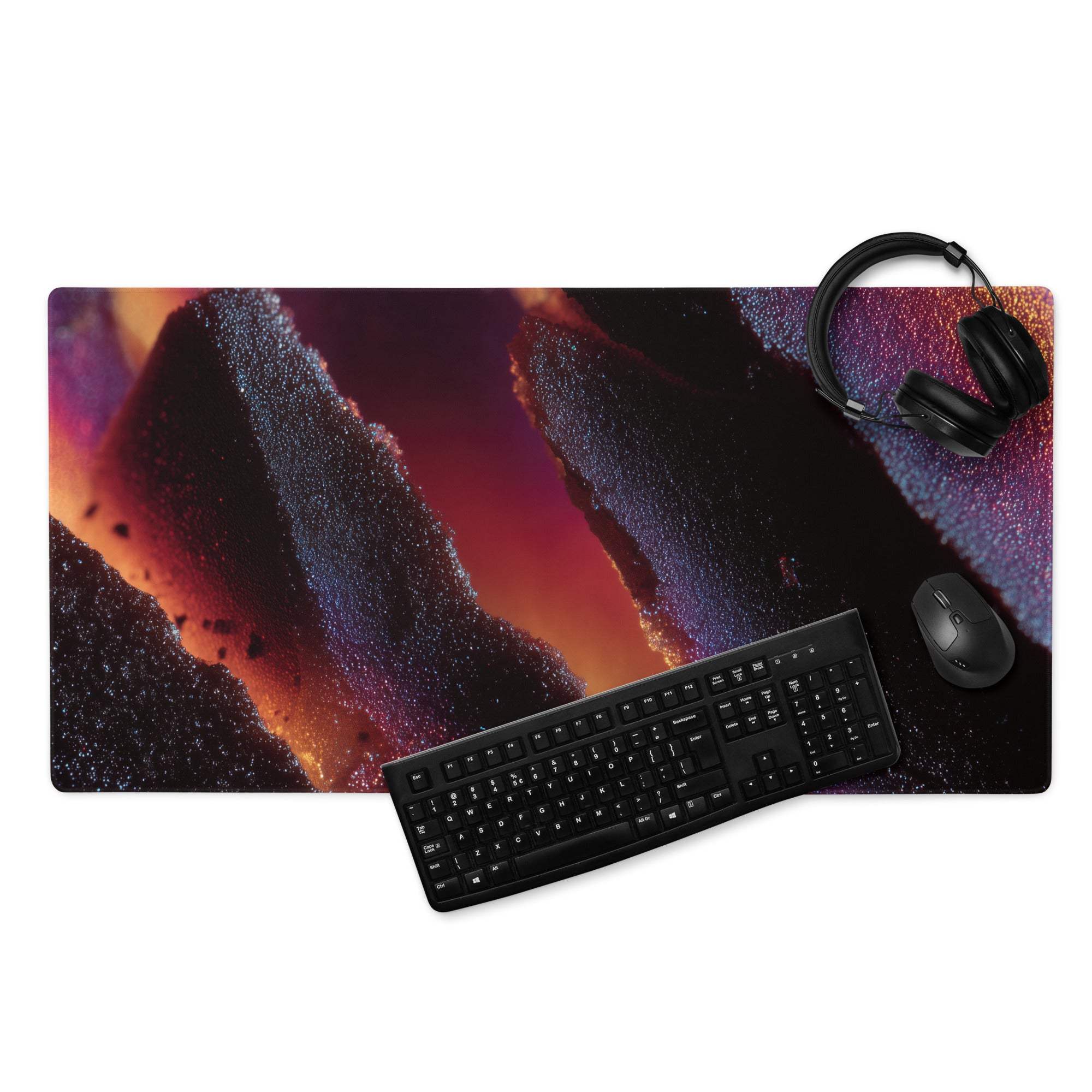 Vibrant nebula gaming mousepad with cosmic design, edge stitching, non-slip base