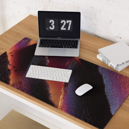 Vibrant nebula gaming mouse pad with purple-orange gradient, stitched edges, non-slip base