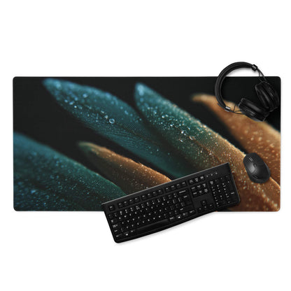 Modern teal and amber feather gaming mouse pad with headphones and keyboard