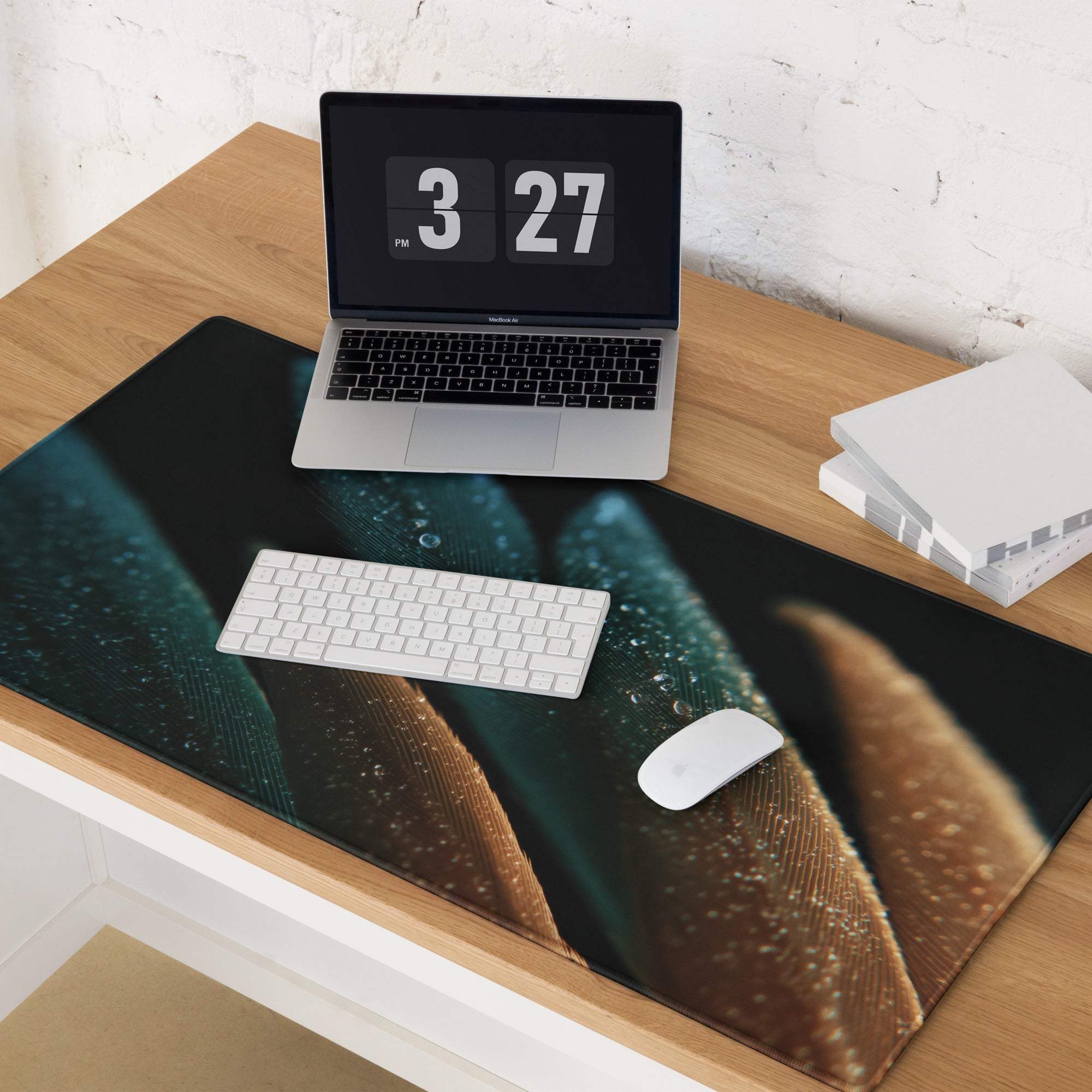 Black rectangular mousepad with green brown leaf print and water droplets