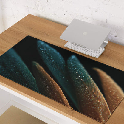 Teal and gold feather gaming mouse pad with water droplets and non-slip base