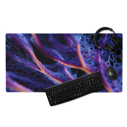 Vibrant purple orange coral reef gaming mousepad with black keyboard mouse