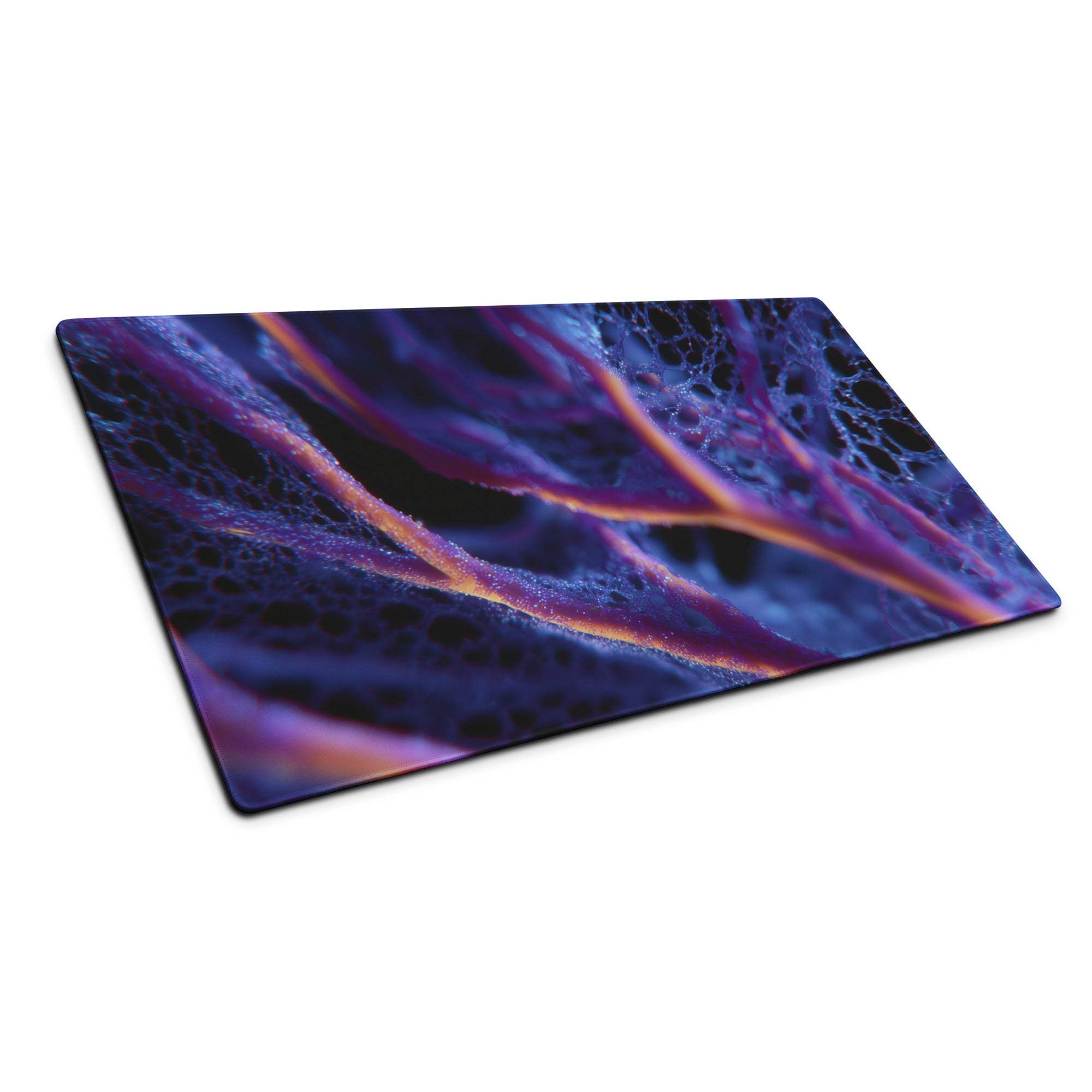 Abstract neon purple blue gaming mouse pad with vibrant purple blue orange veins