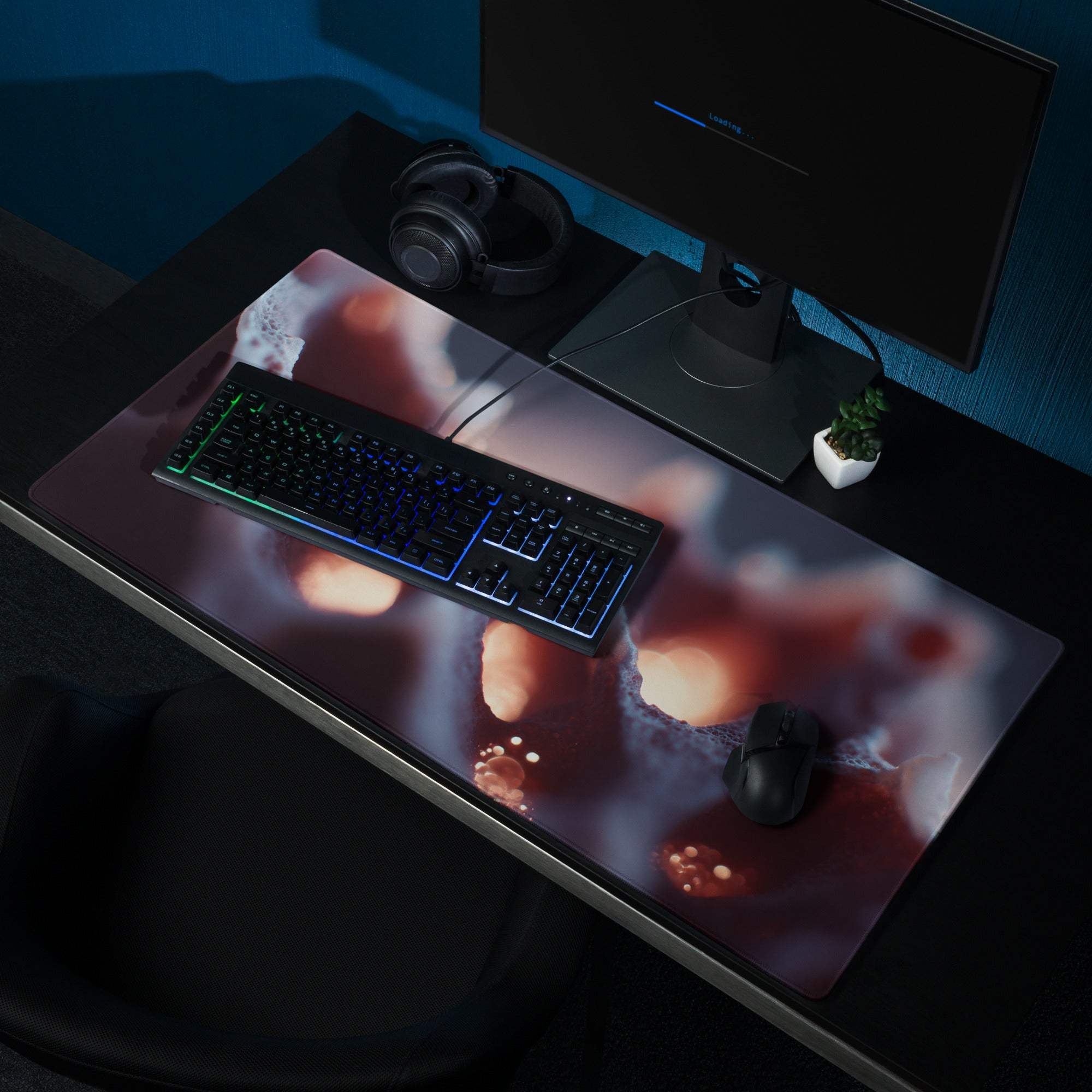 Bold Abstract Coral Glow large gaming mouse pad with vibrant swirling reds and oranges on dark background