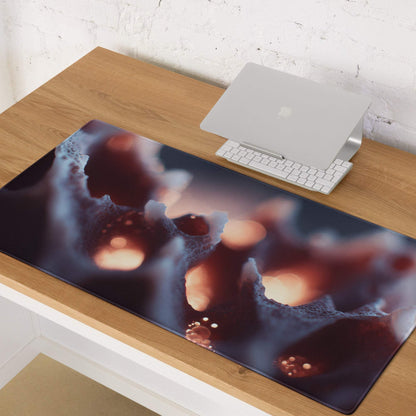 Bold abstract coral glow large gaming mouse pad with swirling reds, blues, orange bokeh