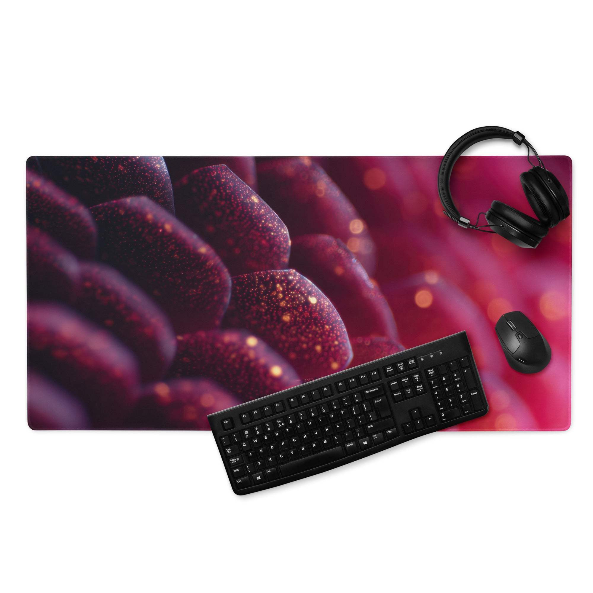 Vibrant neon purple pink aura gaming mouse pad with glittering red magenta bokeh design