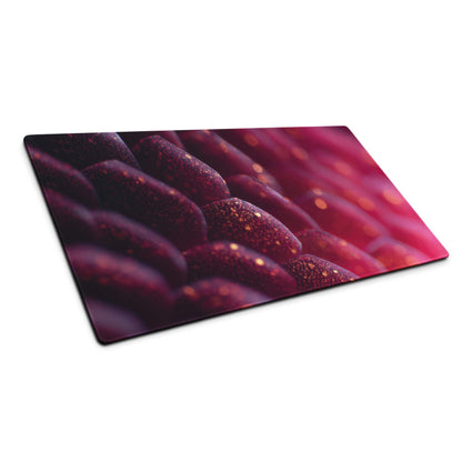 Vibrant neon purple pink aura large gaming mouse pad with red magenta scales on cutting board