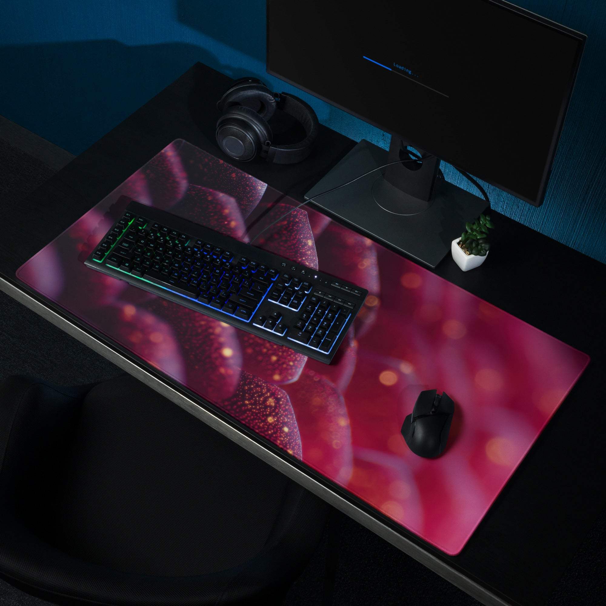 Vibrant neon purple pink aura large gaming mouse pad with floral pattern