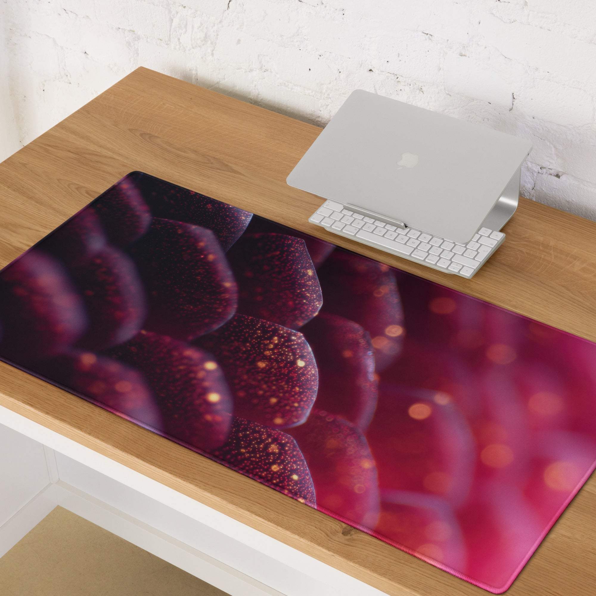 Vibrant neon purple pink aura gaming mouse pad with red magenta berries