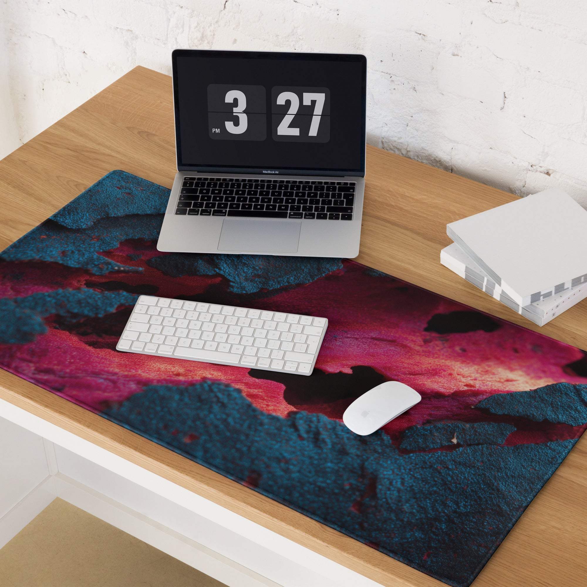 Vibrant lava neon blue pink gaming mouse pad with abstract swirls, non-slip base