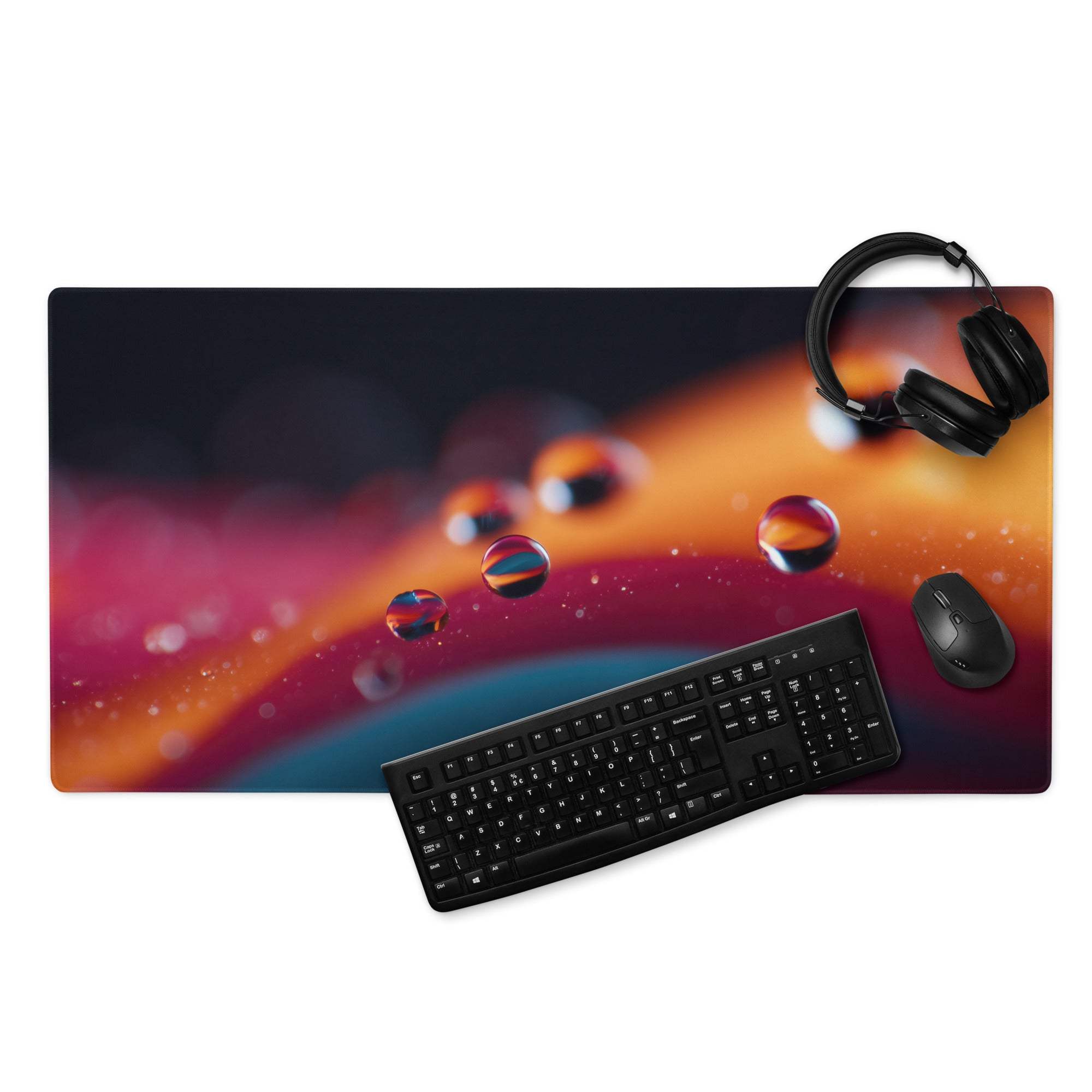 Vibrant gradient gaming mouse pad with glowing water droplets, non-slip backing