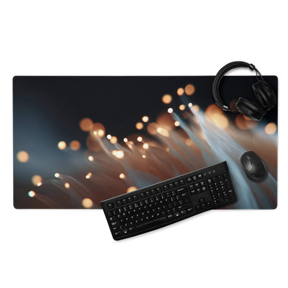 Moody Blue Bokeh Lights gaming mouse pad with golden orbs and non-slip backing