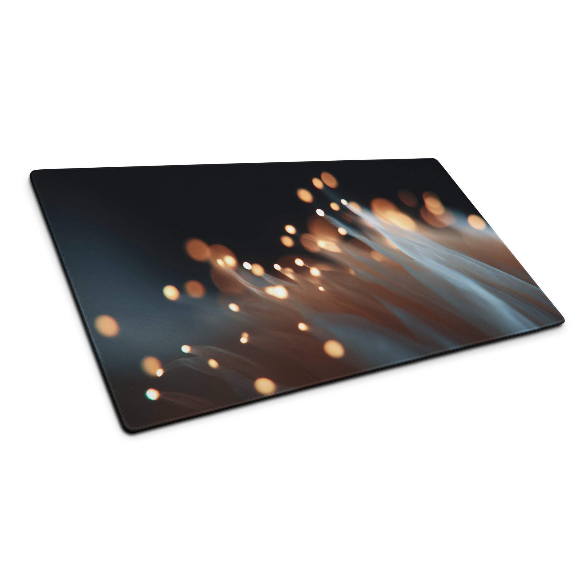 Black glossy cutting board with orange white bokeh light streaks on Moody Blue mouse pad