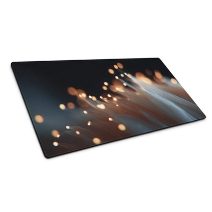 Black glossy cutting board with orange white bokeh light streaks on Moody Blue mouse pad