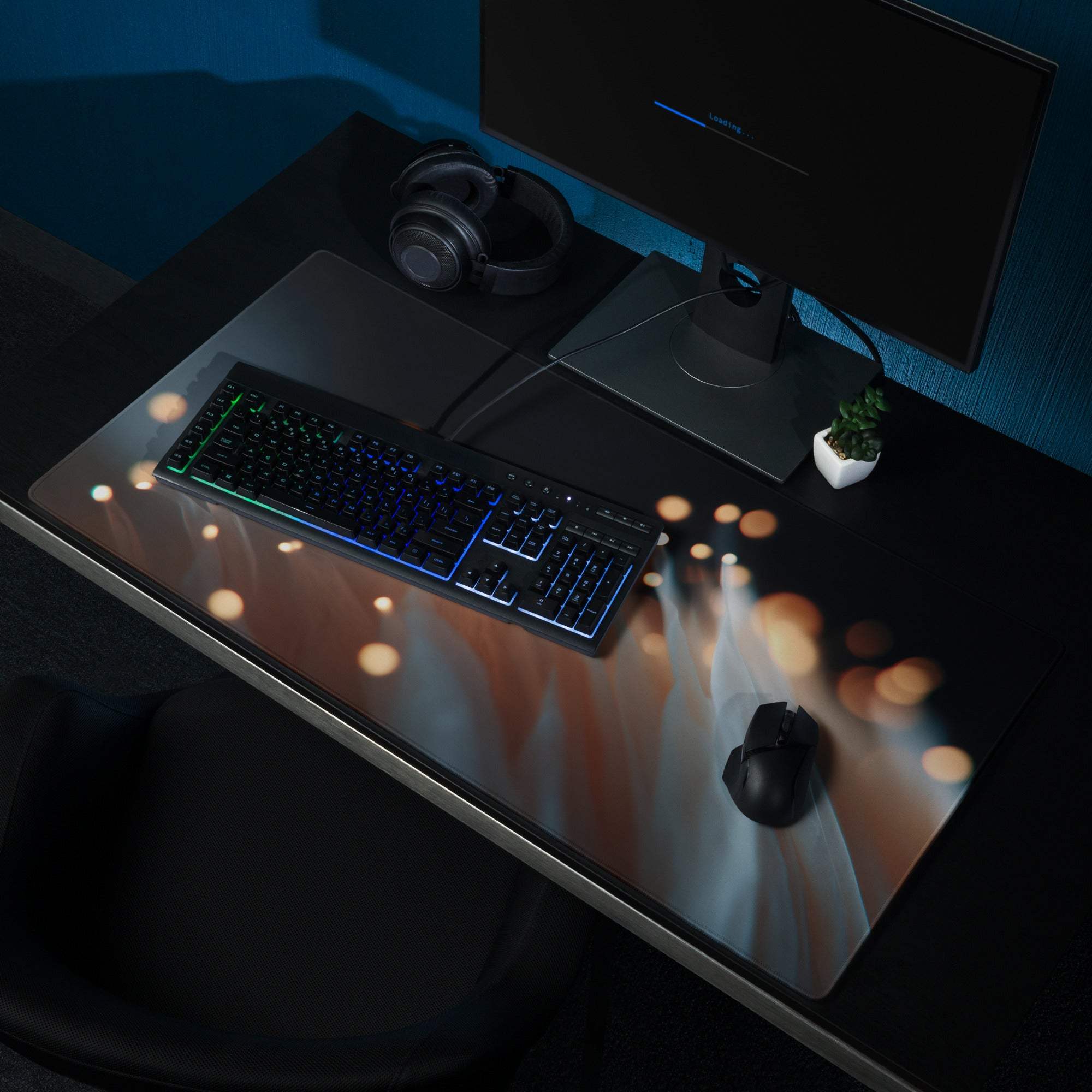 Moody Blue Bokeh Lights gaming mouse pad with large surface and non-slip backing