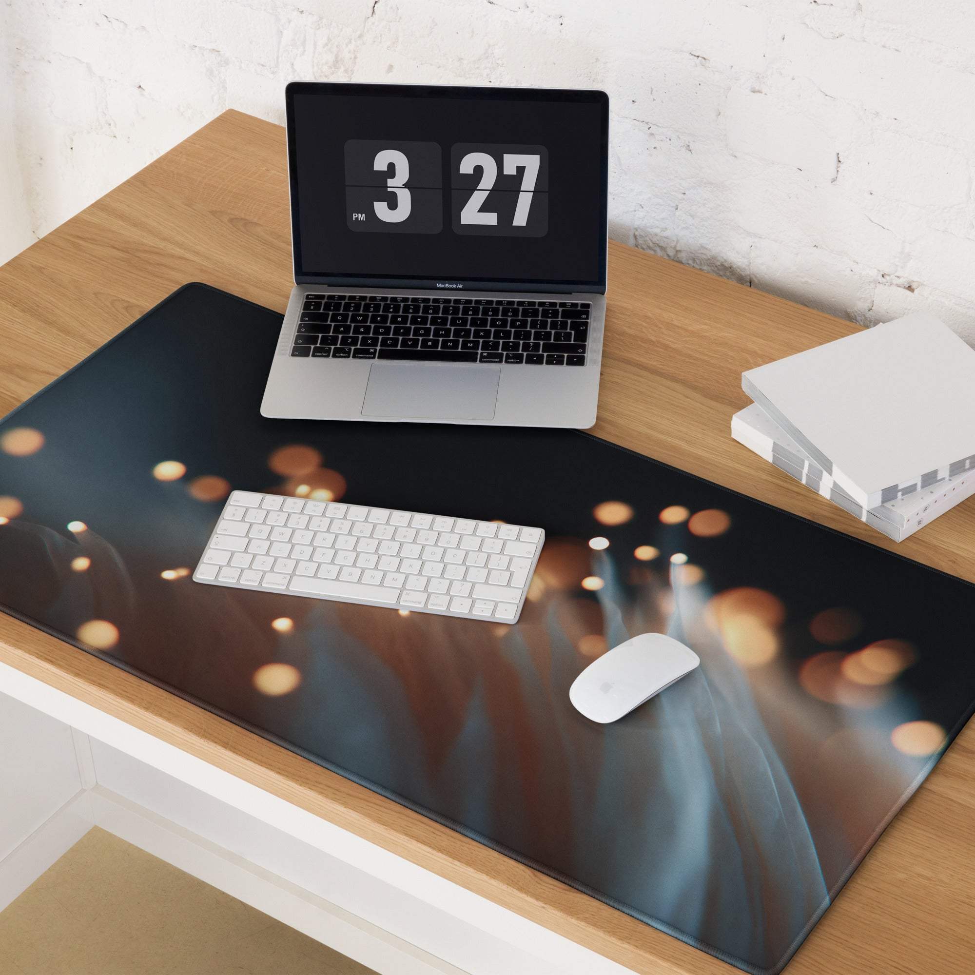 Black bokeh light gaming mouse pad with glossy finish and non-slip backing