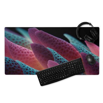 Vibrant abstract neon leaves macro gaming mouse pad, multicolored glossy coral design