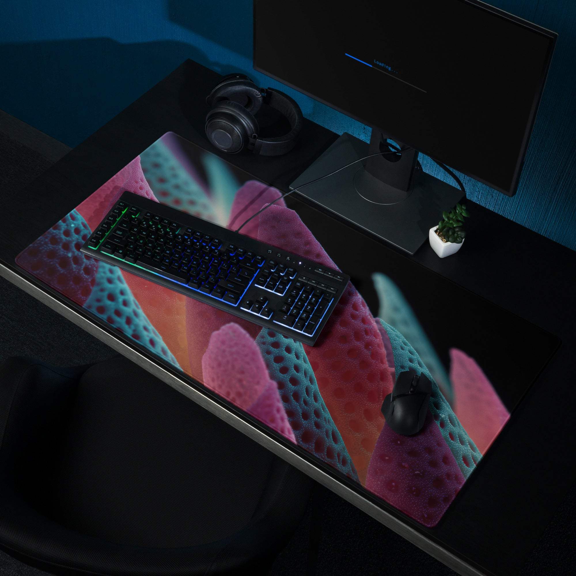 Vibrant pink teal neon leaves gaming mousepad glossy finish