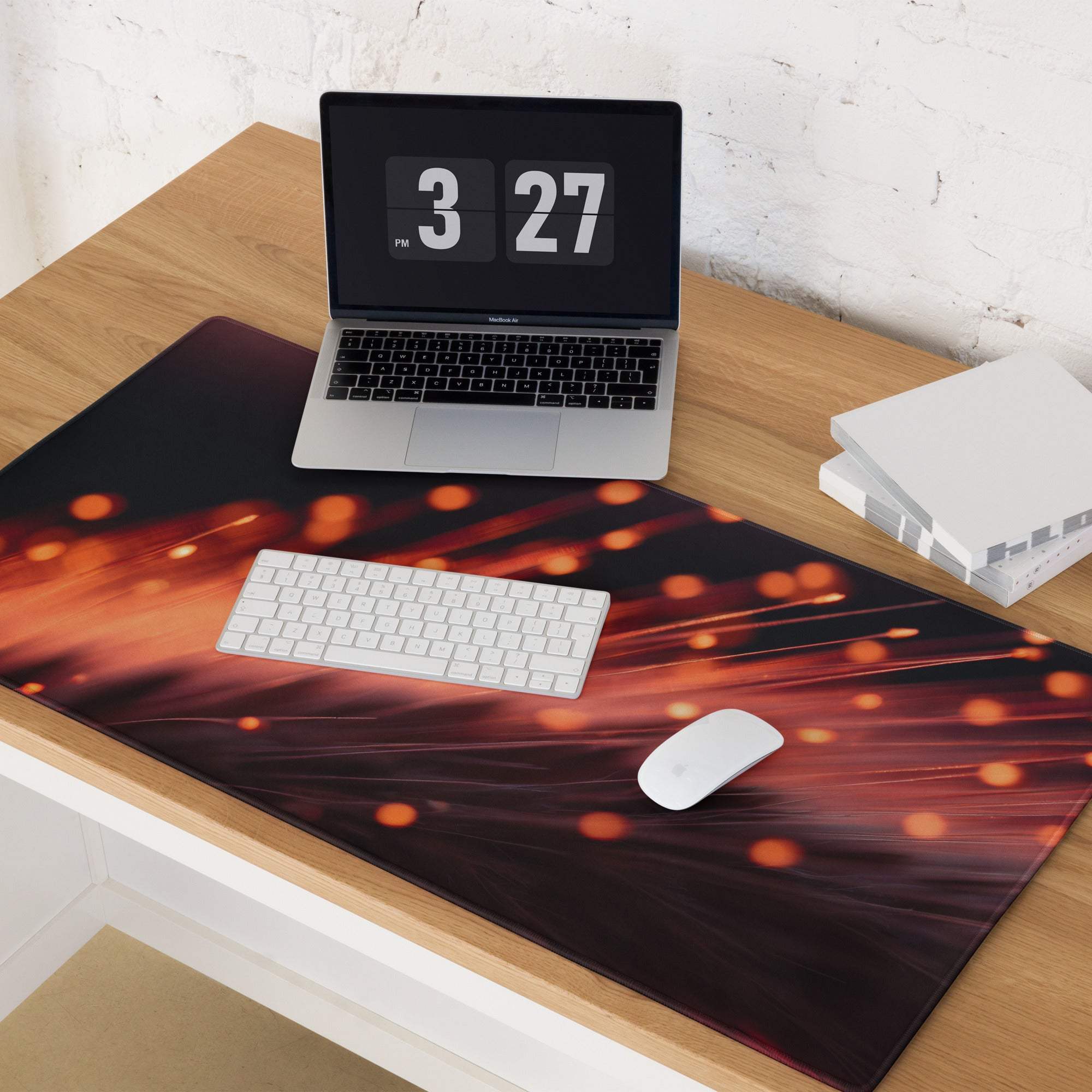 Dynamic Neon Ember Glow large esports gaming mouse pad with fiery orange red bokeh