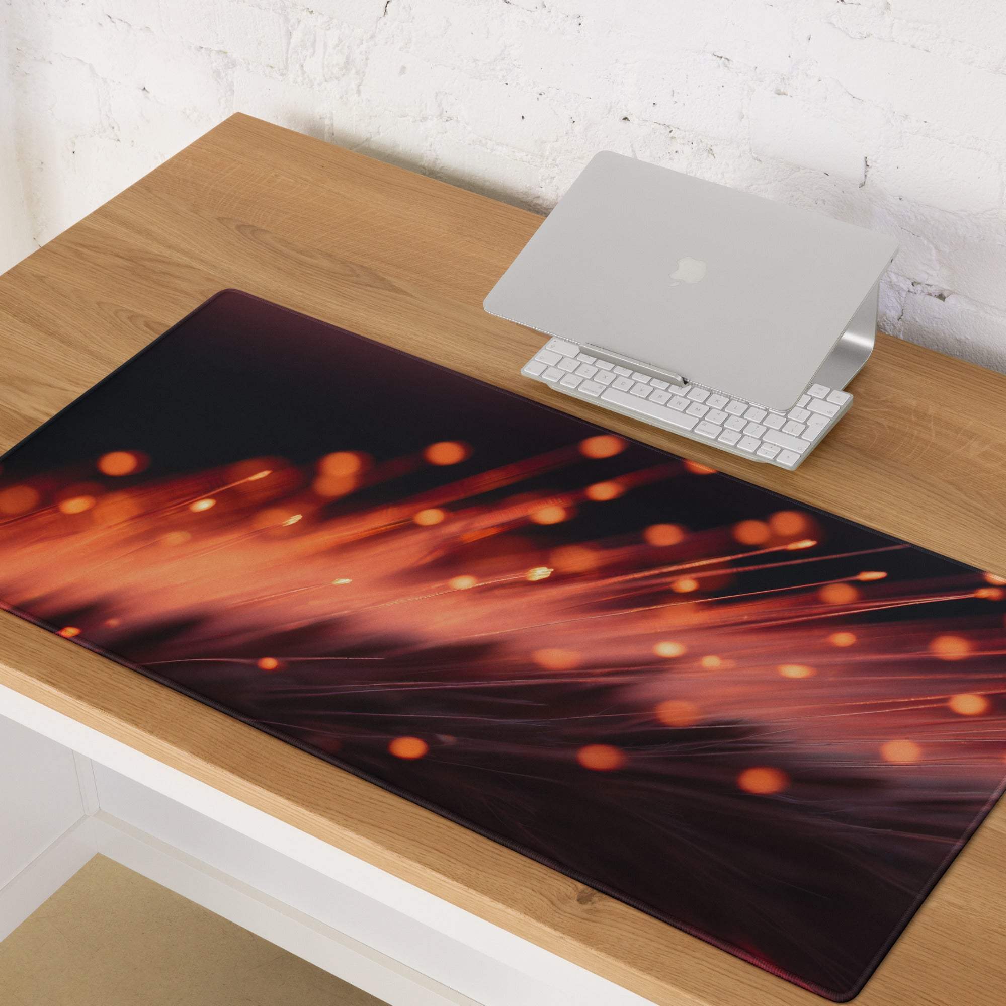 Dynamic Neon Ember Glow large esports gaming mouse pad with glowing orange red fiber optic design