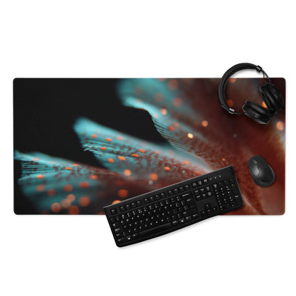 Large extended gaming mouse pad with teal orange glow feather design