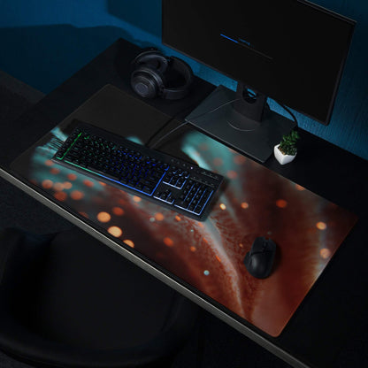 Large extended gaming mouse pad with cosmic orange teal nebula glow design