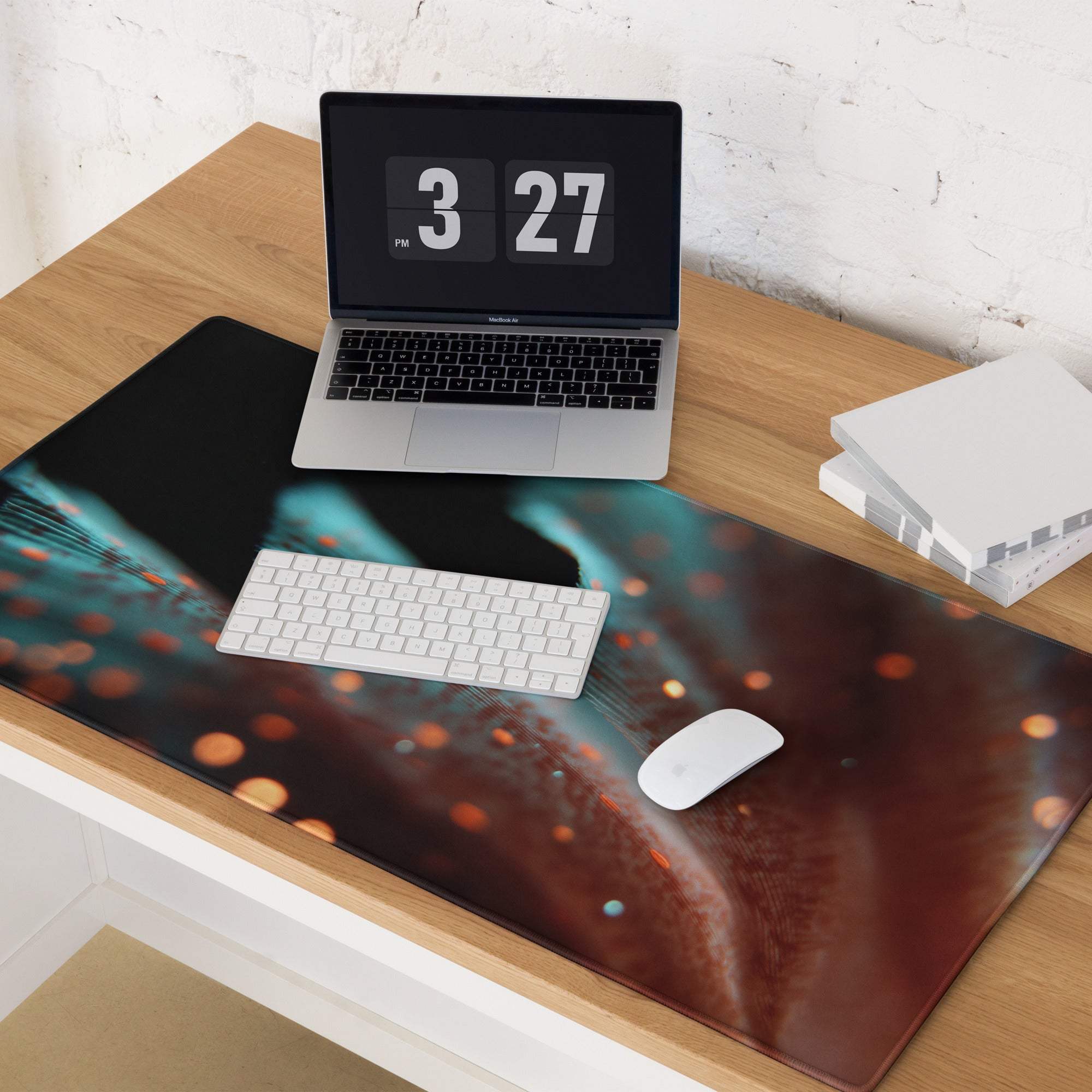 Large extended gaming mouse pad with teal orange cosmic nebulae design