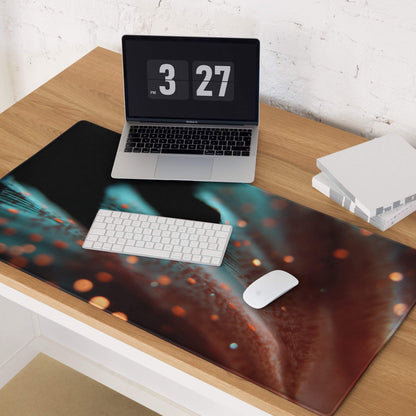Large extended gaming mouse pad with teal orange cosmic nebulae design