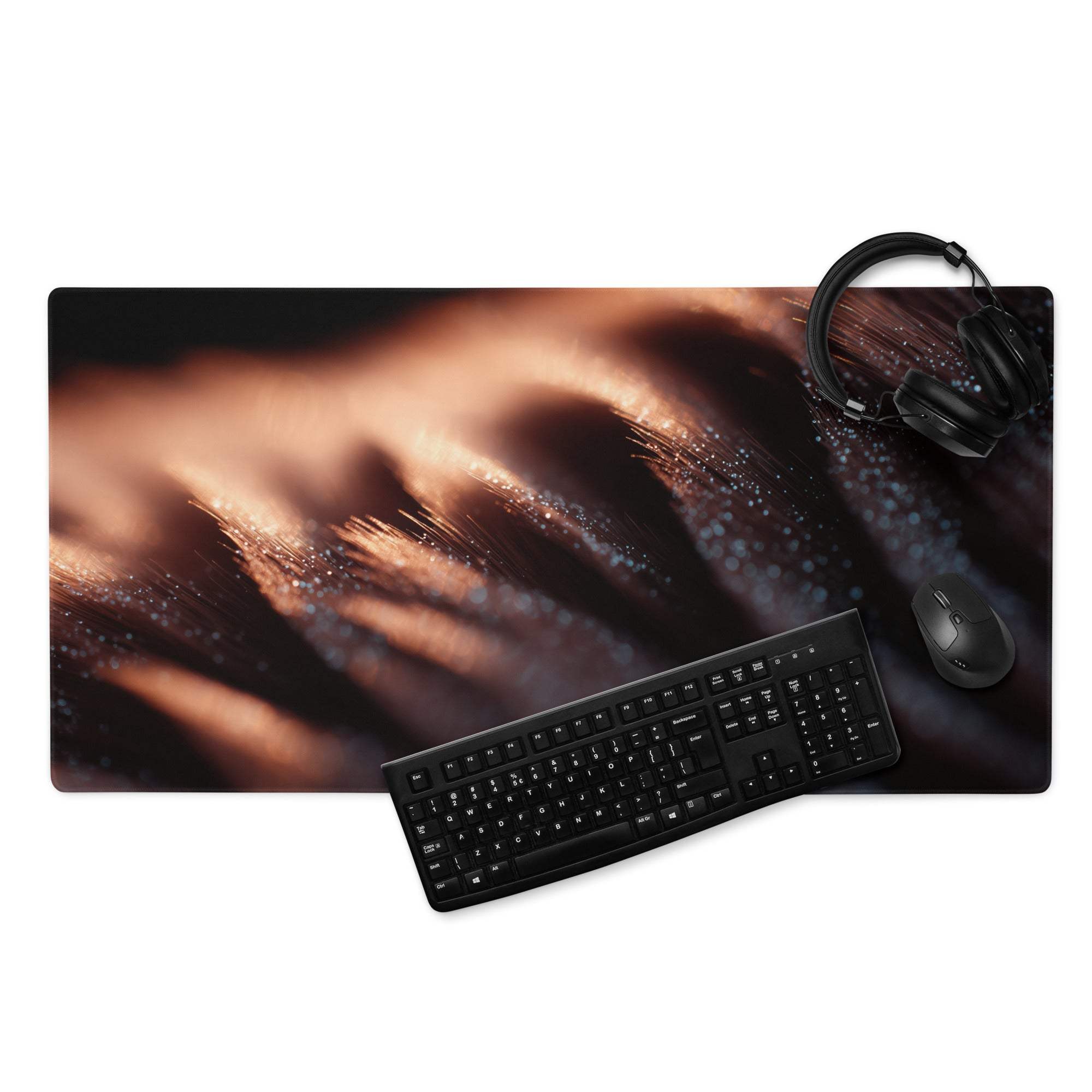 Black keyboard and mouse on Premium Dark Ember gaming mouse pad