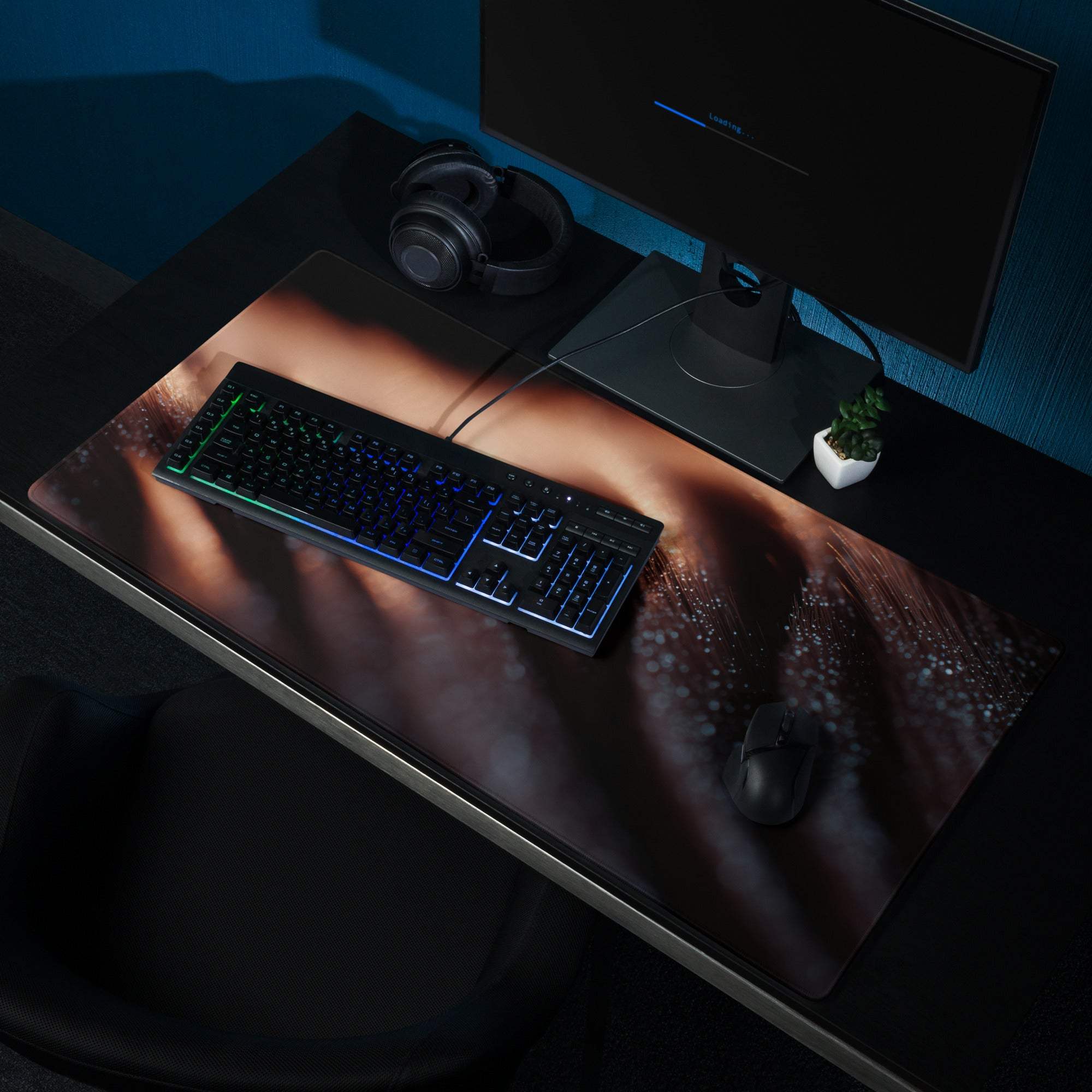 Premium large dark ember gaming mousepad with amber eye close-up