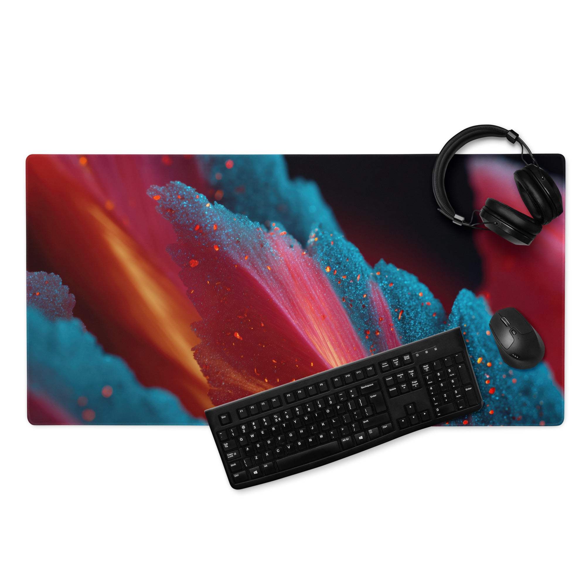 Vibrant cosmic gaming mousepad with red orange teal nebula patterns non-slip backing