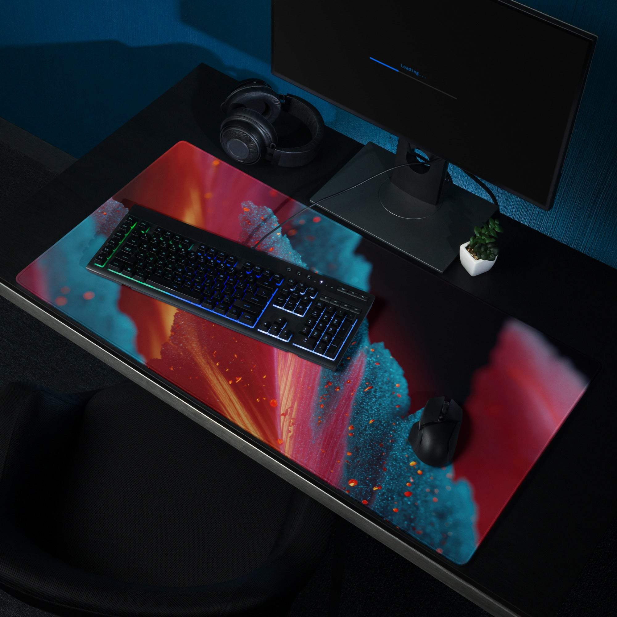 Vibrant red teal abstract paint-splatter gaming mousepad glossy non-slip large