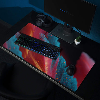 Vibrant red teal abstract paint-splatter gaming mousepad glossy non-slip large