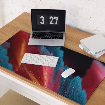 Vibrant neon abstract paint-splatter gaming mouse pad with red orange teal hues