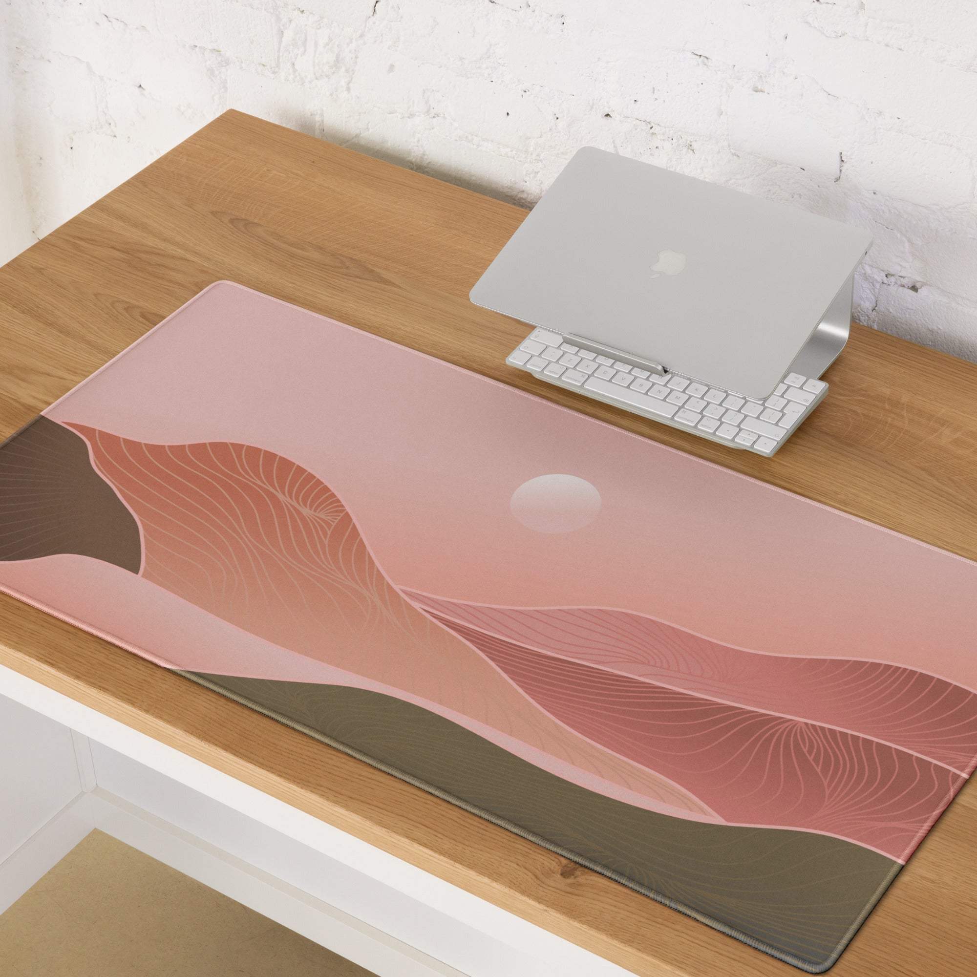 Boho pink gradient mouse pad featuring a rectangular pink and brown abstract landscape design with a soft non slip surface