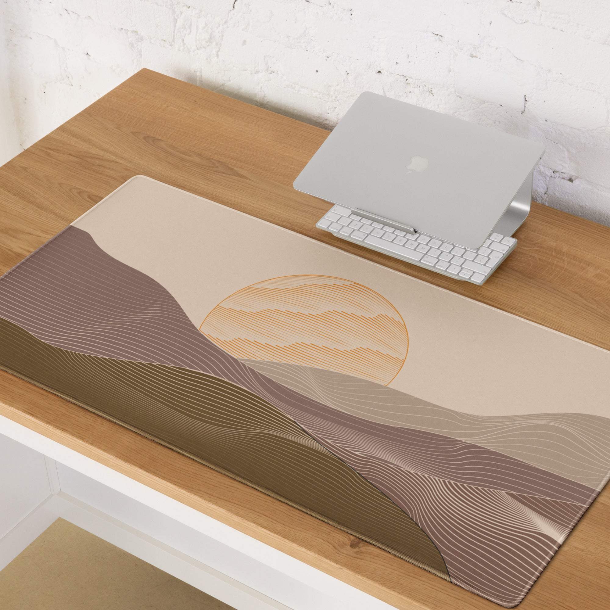 Beige taupe desert sunset desk mat with abstract wavy line design in brown and beige for home office use